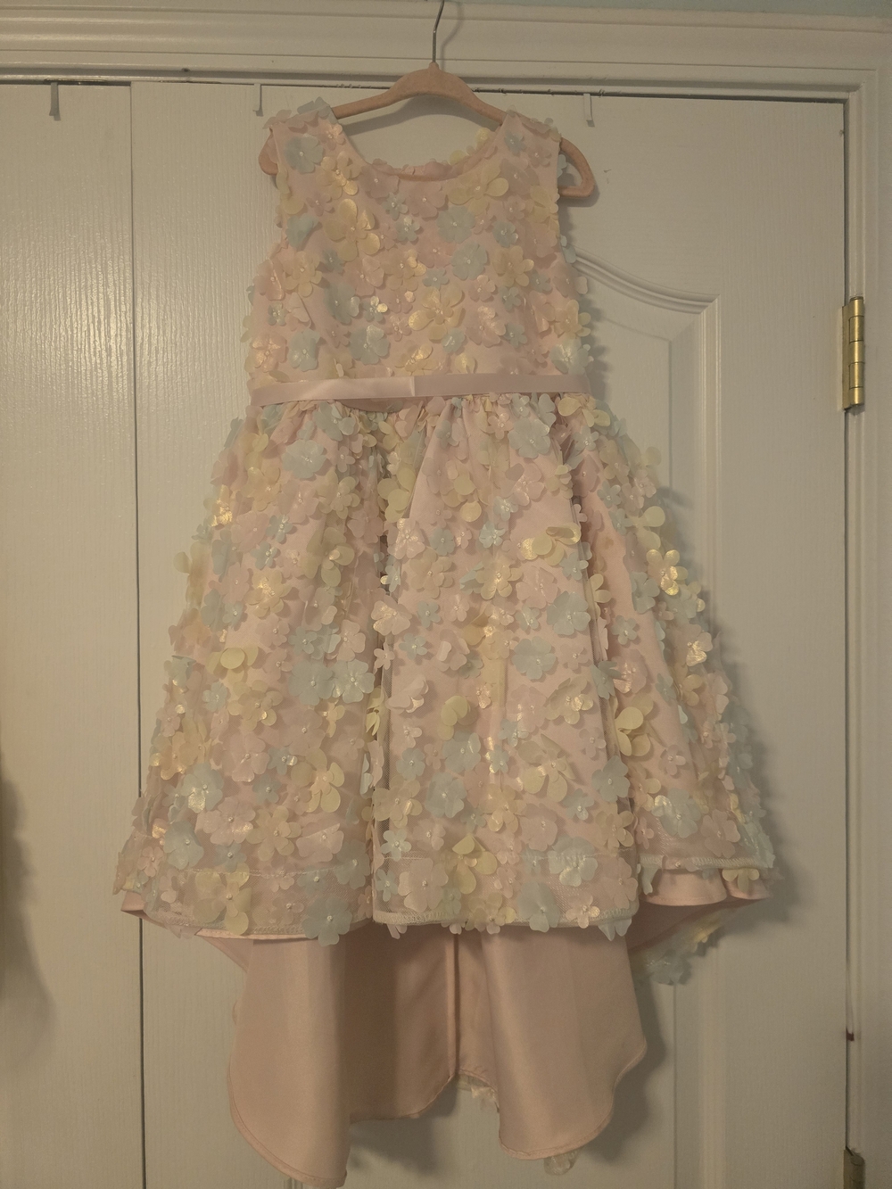 Rare Editions Pastel Floral Appliqué High-Low Dress - Pink, Cream, Light Blue